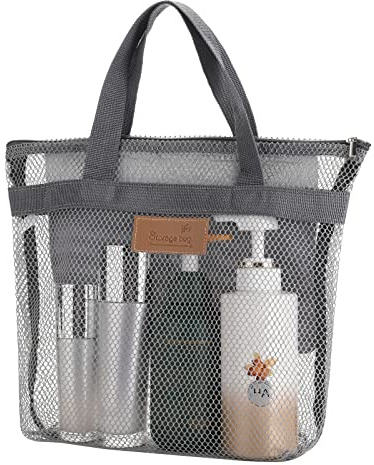 Borsa portaoggetti da doccia portatile in rete con cerniera e 2 tasche, ad asciugatura rapida, organizer da bagno da appendere per viaggi, dormitori, palestra, campeggio, spiaggia, nuoto (grigio)