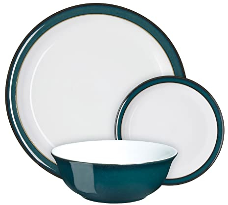 Denby - Greenwich Dinner Set For 4 - 12 Piece Ceramic Tableware Plate & Bowl Set - Dishwasher Microwave Safe Crockery - 4 x Dinner Plates, Small Plates, Cereal Bowls - Green, White Ceramic Stoneware