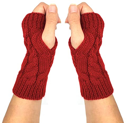 Qiuyan Fashion Warm Soft Comfortable Wrist Gloves Winter Fingerless Hand Warmers Women Girls Stylish Arm Gloves Mitten Knit Crochet Arm Warmers with Thumb Hole for Work Outdoor Gifts (Wine Red)