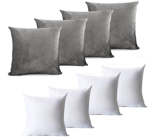 Hafaa Velvet Cushions with Covers Included Set of 8 (4 Grey Cushion Covers 45 x 45, 4 Cushion Inserts) Luxury Decorative Fluffy Square Throw Pillow Case Sofa Cushion with Invisible Zipper