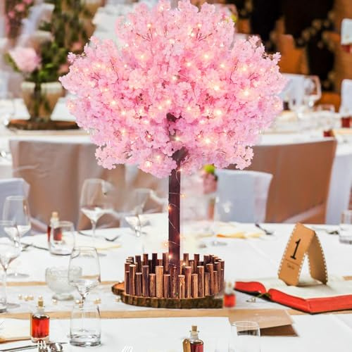 TTDMK 4FT Pink Christmas Artificial Cherry Blossom Tree with LED Light, Handmade Pink Cherry Tree, Cherry Blossom Tree Artificial for Party, Wedding, Home Decor, Indoor & Outdoor (1.2M/4 Trunks)