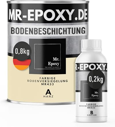 Mr. Epoxy Epoxidharz Bodenbeschichtung (1 kg, RAL 1015 Hellelfenbein) - 2K Betonfarbe für Garagen, Keller & Werkstatt Boden - Flüssigkunststoff Epoxid Grundierung und Bodenversiegelung
