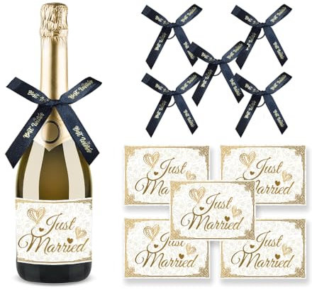 Hestiyaa Sektflaschenetiketten für Hochzeiten, 5 Stück, mit 5 Schleifen, selbstklebend, für Hochzeiten und Verlobungen