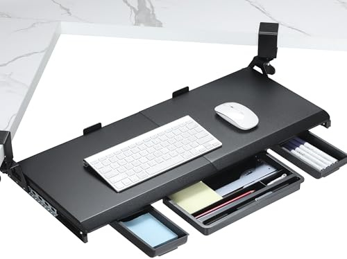 ETHU Under Desk Keyboard Tray with C-Clamp, 68x30cm Black Keyboard Shelf for Corner Desks with Soft-Close Sliding & Tool-Free Installation