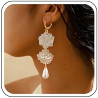 TseenYi Pendientes Colgantes Flor Perla Acrílicos, Vintage Lagrima Florales Camelia Blanca Oro Aro