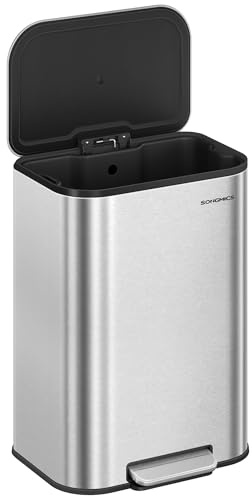 SONGMICS Kitchen Trash Can, 13-Gallon (50 L) Garbage Can with Lid, Stainless Steel, Soft Close and Stays Open, Inner Bucket, Wide Non-Slip Pedal, Metallic Silver ULTB547E01