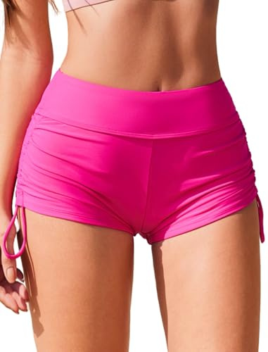 AI'MAGE Women Swim Shorts, High Waisted Adjustable Ruched Side Tie Bikini Bottoms, Swimsuit Board Boy Shorts for Ladies Girls Pink, L