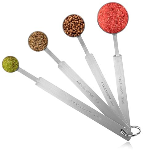 4 Pcs Long Handle Measuring Spoons Set Stainless Steel Measuring Spoon Set Metal Coffee Scoop Tablespoon Teaspoon for Liquid Solid Powder Ingredients (1/4 tsp, 1/2 tsp, 1 tsp, 1 tbsp)