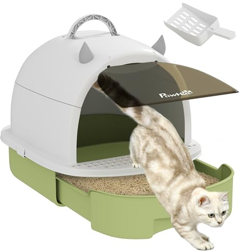 PawHut Arenero para Gatos Cubierto Caja de Arena para Gatos Arenero Cerrado con Tapa Removible Bandeja Extraíble Filtro de Carbono Pala y Asa Superior 40,5x52x39 cm Blanco y Verde