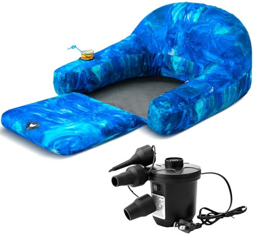 Simgoing Fabric Covered Pool Float Lounge for Adults 2 in 1 Convertible Chair Lounger Large Inflatable Pool Rafts Heavy Duty Float Mattress with Quick Dry Cover, Electric Air Pump(Swirling)