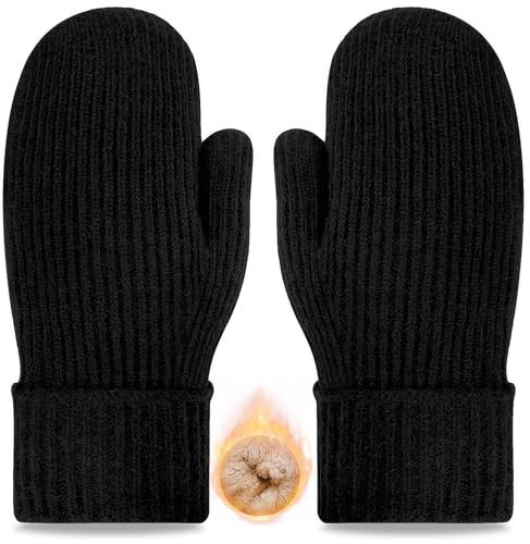 woogwin Winter Mittens for Women Men Warm Thick Thermal Fleece Stretchy Knit Wool Snow Gloves for Cold Weather Folding Cuffs(BlackXL)