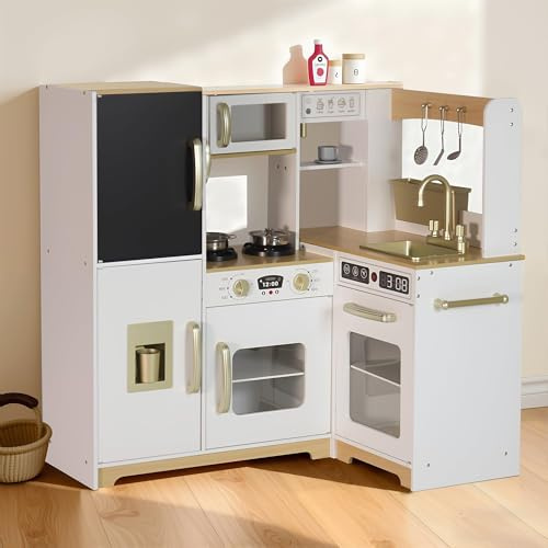 Tltaroni Corner Play Kitchen, Wooden Toddler Kitchen Playset with Ice Make, Telephone, Oven, Microwave, Faucet, Sink, Stove, White Toy Kitchen Ages 3+
