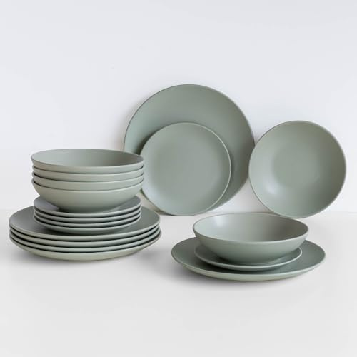 IlGruppone 18 Piatti, 6 Coperti Completi - Servizio da Tavola in Gres Porcellana Smaltato, Piatti con Certificazione Contatto Alimentare per Microonde e Lavastoviglie - Design Moderno, Salvia