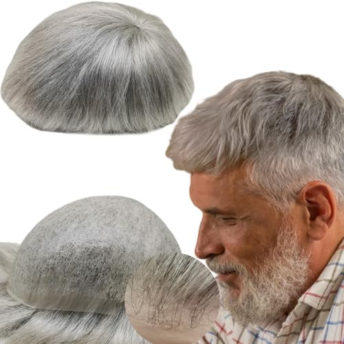 Toupee for Men Yanahair Straight Hair Pieces Mens Replacement System 100% European Real Human Hairpieces Hair System 0.04 Poly Soft Thin Skin PU V-loop (#1B80 Black and Gray, 8x10)
