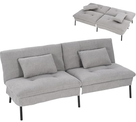 WOLTU Divano Letto 2 Posti con 2 Cuscini, Schienale Regolabile, Divano Letto con Piedini Antiscivolo, Tessuto Effetto Lino per Soggiorno, Camera da letto, Studio, Grigio Chiaro
