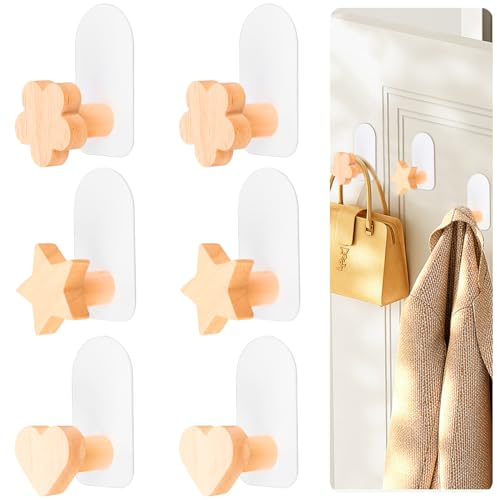 Encuryna 6 Stück Holz Wandhaken, Selbstklebende Haken, Handtuchhaken ohne Bohren, Wandhaken Garderobenhaken für Badezimmer Schlafzimmer Küche Wohnzimmer Kinder Kleiderhaken