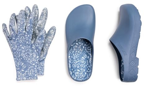 MUK LUKS Women's Garden Clog and Glove Set, Denim Floral, M