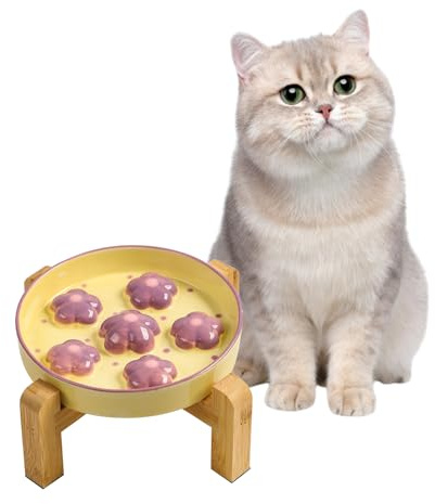 Elevated Slow Feeder Cat Bowl - Maze Puzzle Cat Food Dish with Bamboo Stand, Anti-Slip - Raised Base for Comfortable Eating - 6 OZ - Light Purple Flower