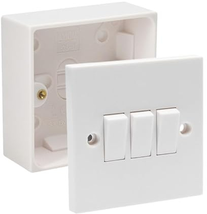 Electric Wall 10A Light Switch 1/2/3 Gang 2 Way Rocker Standard White Square - Compatible with Single 16/25/35/47mm Pattress Back Box Surface Mounted 1 Gang (3 Gang Switch, SET with 35mm Box)
