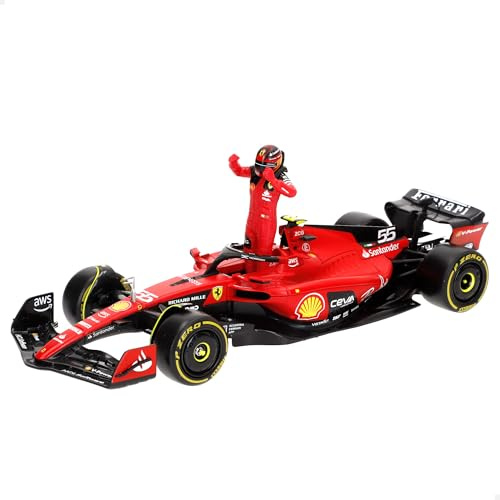 Burago Maqueta coche Fórmula 1 2023 Carlos Sainz, Ferrari SF-23, Escala 1/24, Incluye figura piloto, Maquetas coches, Miniatura de colección, F1, Burago, Regalos para coleccionistas, +14 años (78060)