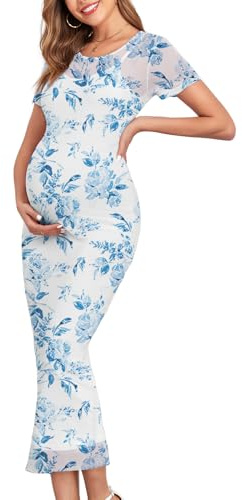 CYCLAMEN 2025 Maternity Mesh Dress 2 Piece Round Neck Pregnancy Dresses Baby Shower Wedding Guest Cocktail Party Short Sleeves, Short Sleeves, Floral1: White & Blue, M