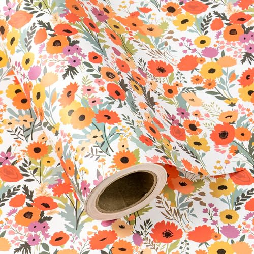RUSPEPA Rouleau De Papier Cadeau Floral Kraft - Mini Rouleau - 43,2 Cm X 10 M - Papier Cadeau Fleurs D'Été Éclatantes, Idéal Pour Mariage, Anniversaire, Enterrement De Vie De Jeune Fille, Goûter