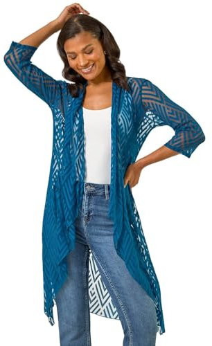 Roman Women's Mesh Sheer Longline Kimono - Ladies Fashion Cover ups for Formal Fancy Casual Everyday Work Evening Dinners Party Christmas New Years Occasions - Teal Burnout - Size 12