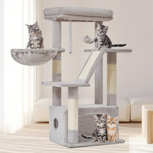 Taoqimiao Rascador para Gatos, 98cm Arbol Rascador para Gatos Cat Tree com 1 Plataformas, 1 Cuevas, Cesta, MS029SW Gris Claro