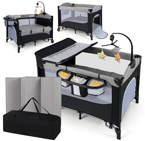 RELAX4LIFE 5 en 1 Cuna Bebé con 5 Alturas Ajustables, Cambiador, Colchón, Caja Música, Juguetes Colgantes y Bolsa de Transporte, Cuna de Viaje con 2 Ruedas Bloqueables para Bebés 0-3 Años (Gris)