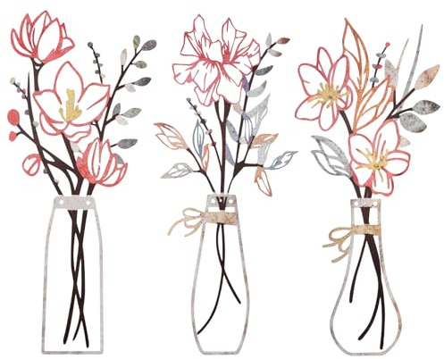 CRITIVE-SHOP Decoración de pared de 3 piezas con flores de metal, arte rústico de granja para la sala de estar, decoración de pared creativas esculturas de pared, flores y jarrones, obras de arte para