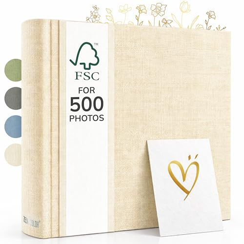Zenacolor Fotoalbum zum Selbstgestalten - Fotobuch 30x30cm in Beige - 100 weiße Seiten & Platz für 500 Fotos - Scrapbook echtes Leinen