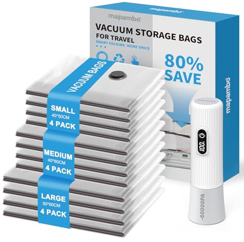 Sacs Sous Vide Vetement Aspirateur avec Pompe Électrique -60000Pa, 12 Unité Sacs de Rangement Sous Vide en 3 Tailles(40*50/40*60/50*60CM), Économisez 80% pour Les Bagages de Voyage et L’organisation