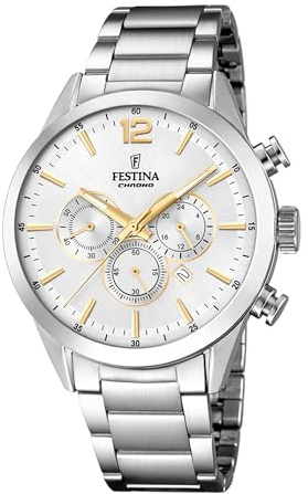 Festina Herren Uhr Analog aus Edelstahl 316L - Quarzwerk - Chronograph - Kalender - Widerstandsfähiges Mineralglas - Wasserdicht bis 5 ATM - Casual F20343/1 Timeless Chronograph