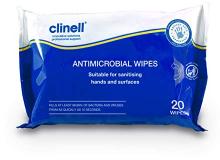 Clinell Antibacterial Hand Wipes Suitable for Hands and Surfaces - Pack of 20 Wipes - Dermatologically Tested, Kills 99.99% of Germs