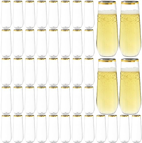 Hacaroa 48 Stück stiellose Champagnerflöten aus Kunststoff, 250 ml klare Tassen, Mimosengläser für Wein, Cocktail, Bar, Party, Hochzeit, bruchsicher, Goldrand