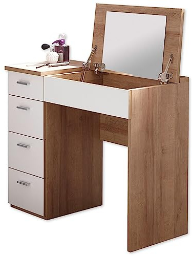 Stella Trading Make UP Schminktisch mit Spiegel in Eiche Sonoma Optik, Weiß - Moderner Frisiertisch mit Schubladen - 90 x 82 x 42 cm (B/H/T)