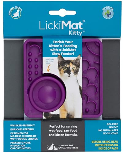 LickiMat Kitty Cat Food Mat - Cat Slow Feeder with Micro Dish for Added Hydration - Perfect for Food, Treats, Yoghurt & Anxiety Relief for Cats - Fun Alternative to a Slow Feeder Cat Bowl - Purple
