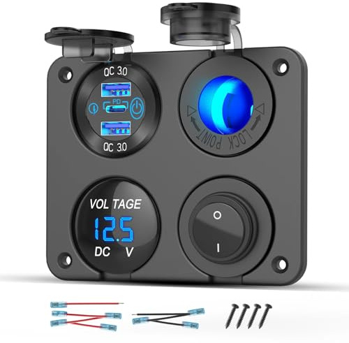 Prise USB 12 volts Accessoire RV Panneau de commutation marine 12V, Chargeur aluminium à double port USB PD30W et QC18W, Prise allume-cigarette 150W, Voltmètre bleu et interrupteur à bascule