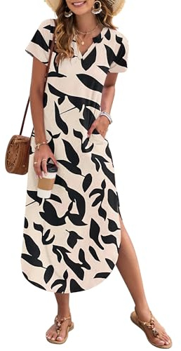 AUSELILY Women's Summer Casual Dress with Pockets V Neck Apricot Leaf XL