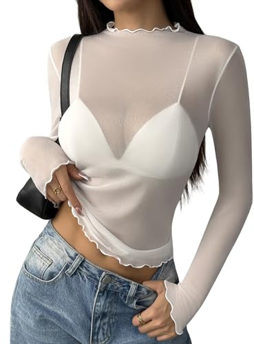 Camiseta Transparente Mujer Sexy Manga Larga Malla Top See Through Camisas