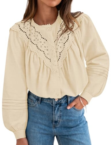 ZESICA 2026 Spring Summer Long Puff Sleeve Babydoll Tops for Women Lace Crochet Button Down Boho Victorian Shirts,Apricot,Medium
