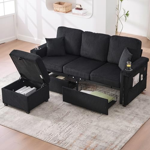 A ALFRESCOOL Sofa 3 Sitzer, Sofa L Form mit Schlaffunktion, LED-Beleuchtung & USB-C-Port, Inklusive Stauraum-Fußteil Seitentaschen für Wohnzimmer, Schlafzimmer, 194 * 73 * 81cm (Schwarz)