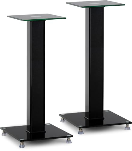 Pronomic SLS-282L BK Lautsprecher Stative Paar – Stilvolles Design mit 2 Glasplatten - Höhenverstellbar 73 cm, Tragkraft je 10 kg, verdeckte Kabelführung – Ideales Monitor- oder HiFi-Stativ - Schwarz