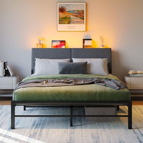 VECOCHO King Size Bed Frame with Storage and Charging Station,Bed Frame King Bed Base with LED Lights,Heavy Duty Metal Platform,King Beds150x200cm,Mattress Base No Box Spring Needed,Noise Free,Black