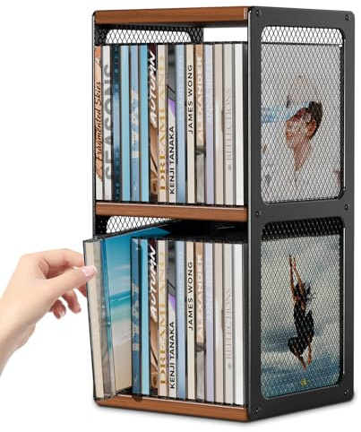 Optyuwah Soporte para CD de Madera, Estante para CD, Caja de Almacenamiento para CD y DVD, Organizador para la Conservación, Diseño de Madera y Rejilla Metálica, 32.5x16.5x15cm