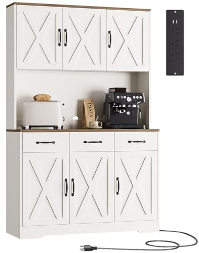 FUSOU 180cm Tall Kitchen Pantry Cupboard with Charging Station, White | Large Kitchen Cabinets with Adjustable Shelves, 3 Drawers & 6 Barn Doors, Larder Cupboard with Open Worktop for Dining Room
