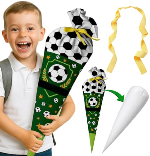 SKIKHN Cornet Scolaire Football, Cornet à Friandises avec Coussin de Remplissage, pour Rentrée Scolaire, Anniversaires, Décoration de Fêtes et d'Intérieur (Base Ronde en Carton Non Incluse)
