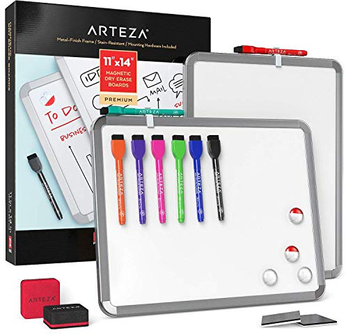 Arteza Framed Magnetic Dry Erase Board Set (2-Pack, 11x14 inches), Small Whiteboards with Marker & Magnets, Ideal for School Supplies, Office, Classroom, College Dorm Essentials
