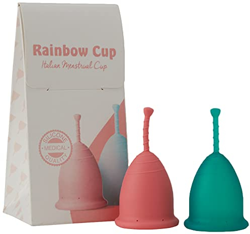 Rainbowcup Cup - Juego de 2 copas menstruales de silicona médica, tazas menstruales tónicas con color variable, talla 1, fabricado en Italia, 2 unidades