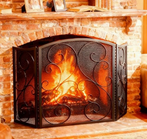 Fire Beauty Fireplace Screen 3 Panel Wrought Iron Metal 48(L) x30(H) Spark Guard Cover(Black)